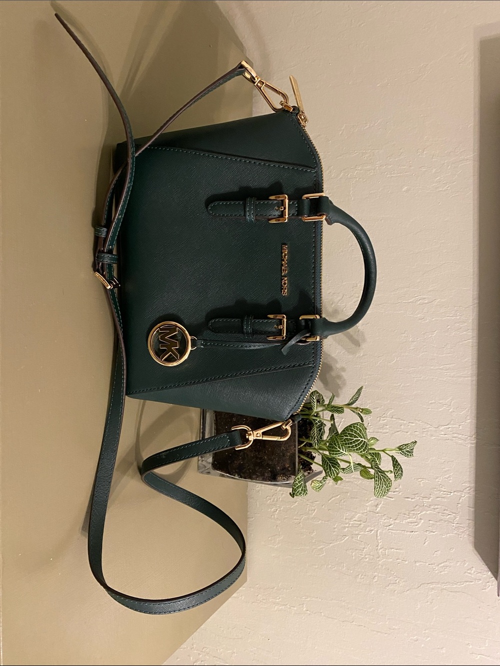 Michael Kors Hunter Green Leather Satchel with Gold Accents
